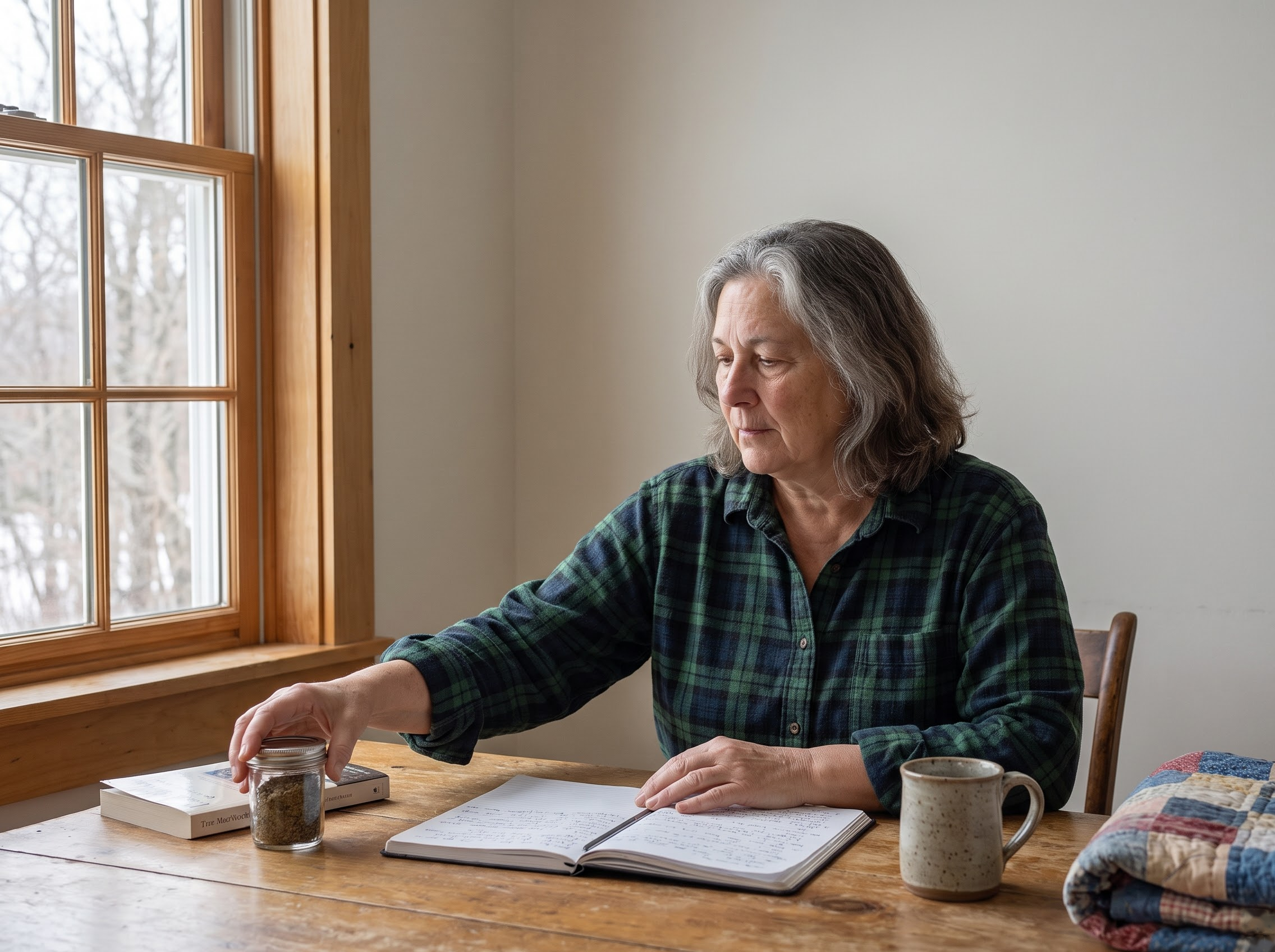 Loretta Vance checking a household source beside her housebook